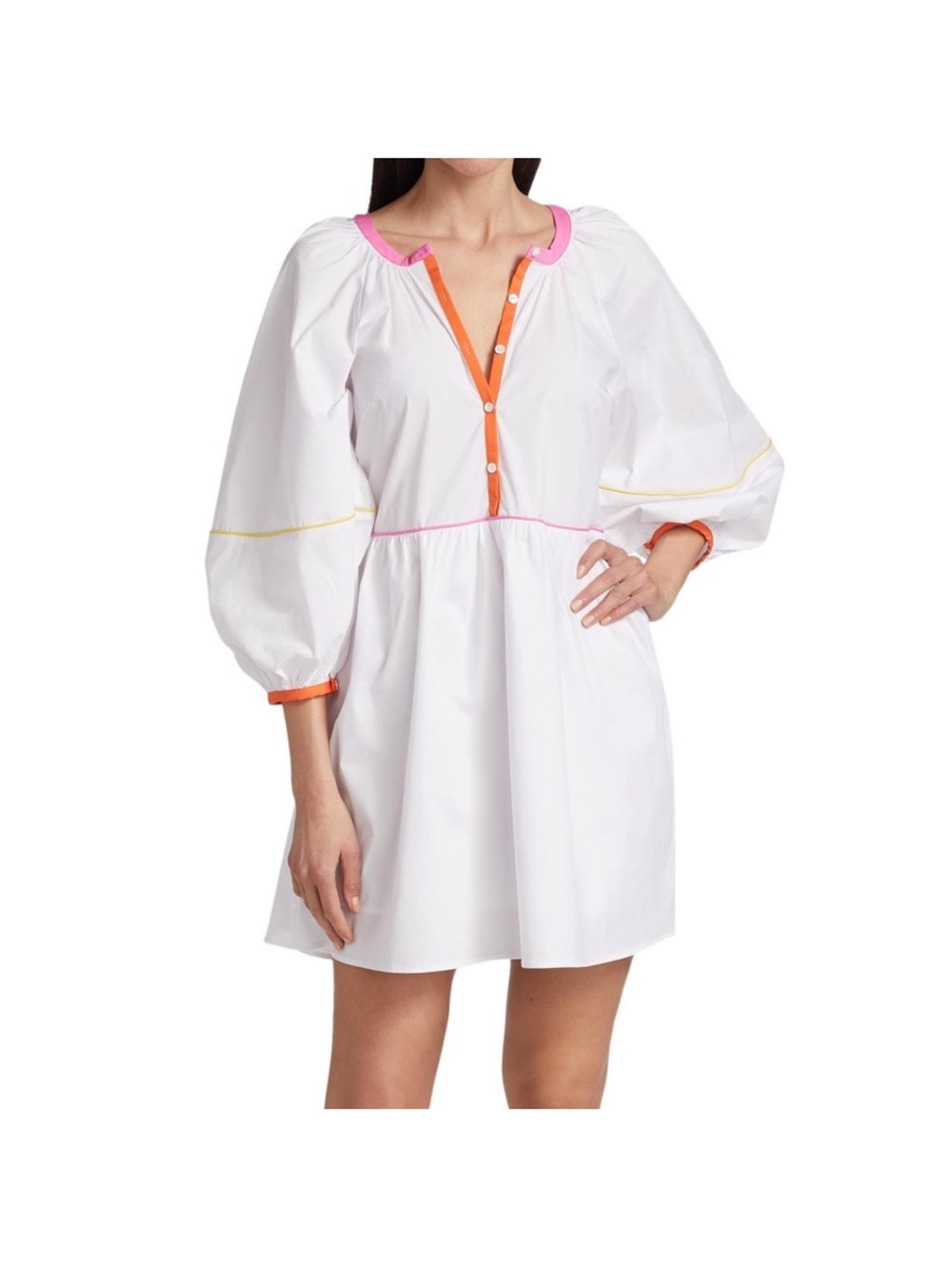 STAUD White Mini Dress with Pink & Orange Trim